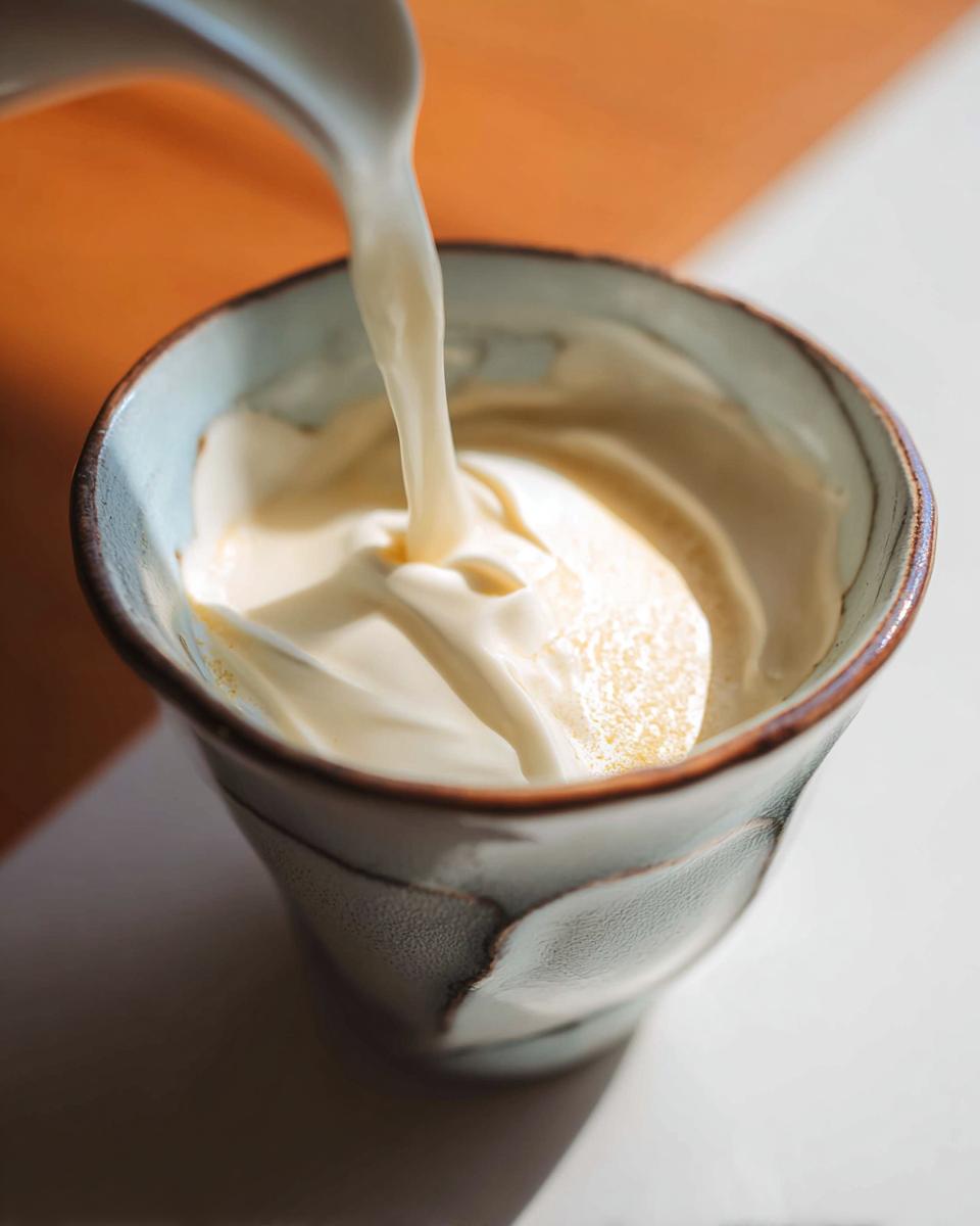 Close-up of a creamy liquid being poured into a bowl containing a thick base for Champagne Cream Sauce for Seafood.