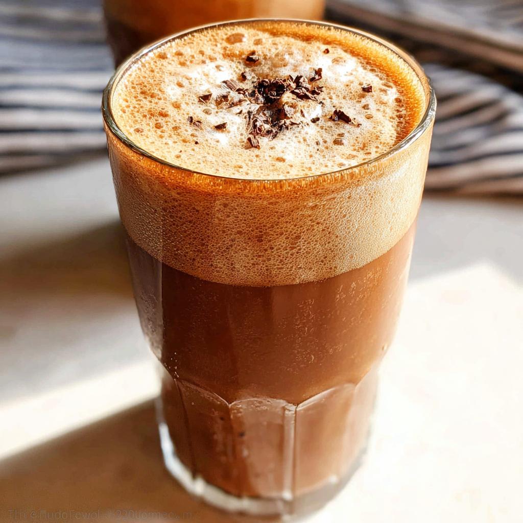 Close-up of a tall glass filled with a rich, blended Mocha Frappuccino topped with thick foam and chocolate shavings.