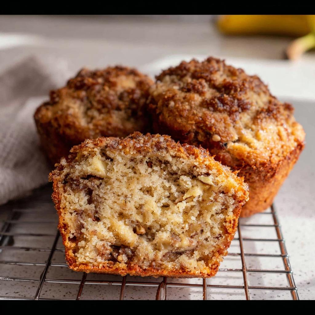 Close-up of a Banana Bread Minis cut in half showing moist interior and crumb topping, resting on a cooling rack.