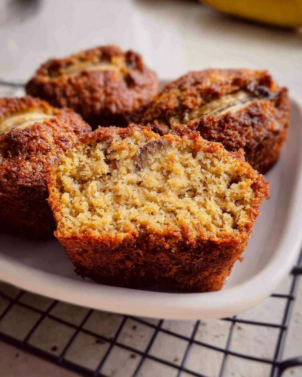 Close-up of a halved Banana Bread Minis showing the moist, textured interior crumb.
