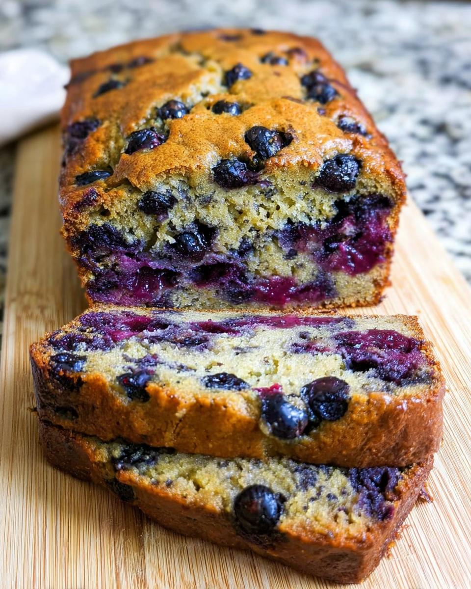 A moist loaf of Blueberry Banana Bread, sliced to show the dense crumb and jammy blueberry swirl.