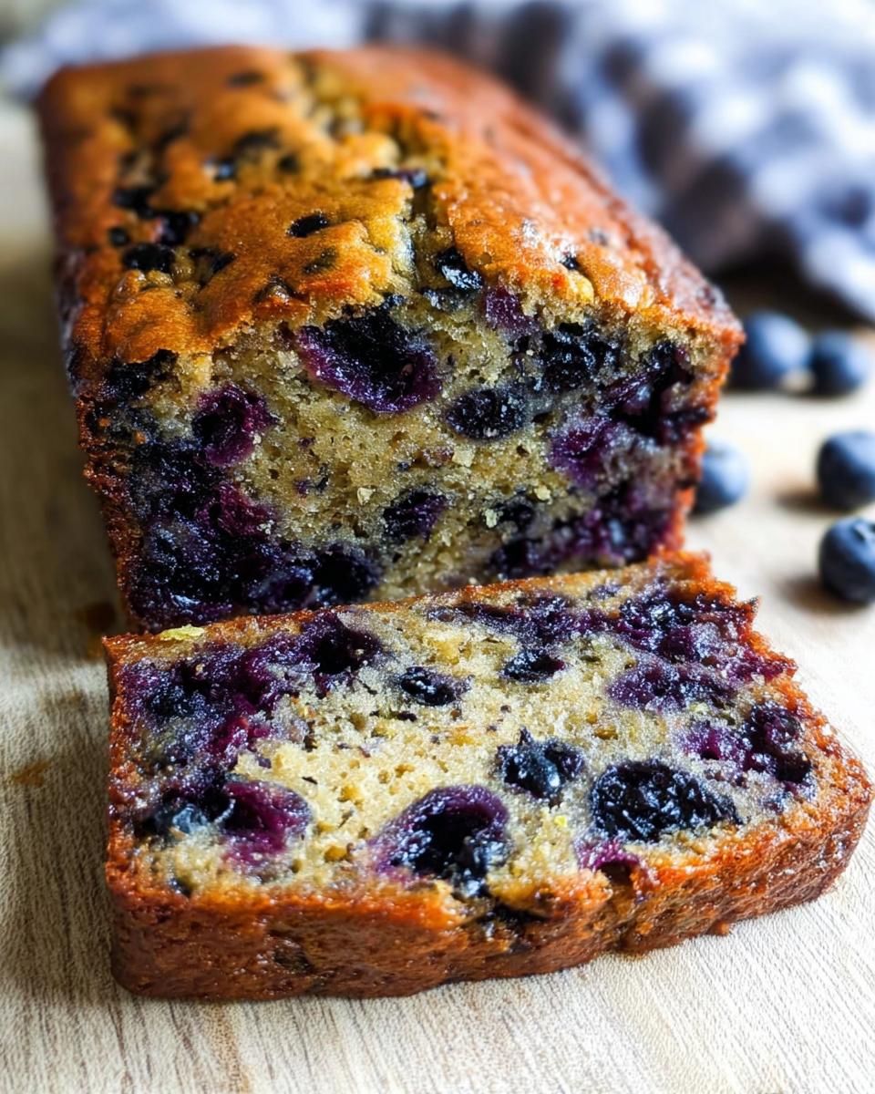 Close-up of a slice of moist Blueberry Banana Bread showing rich purple blueberries throughout the golden crumb.