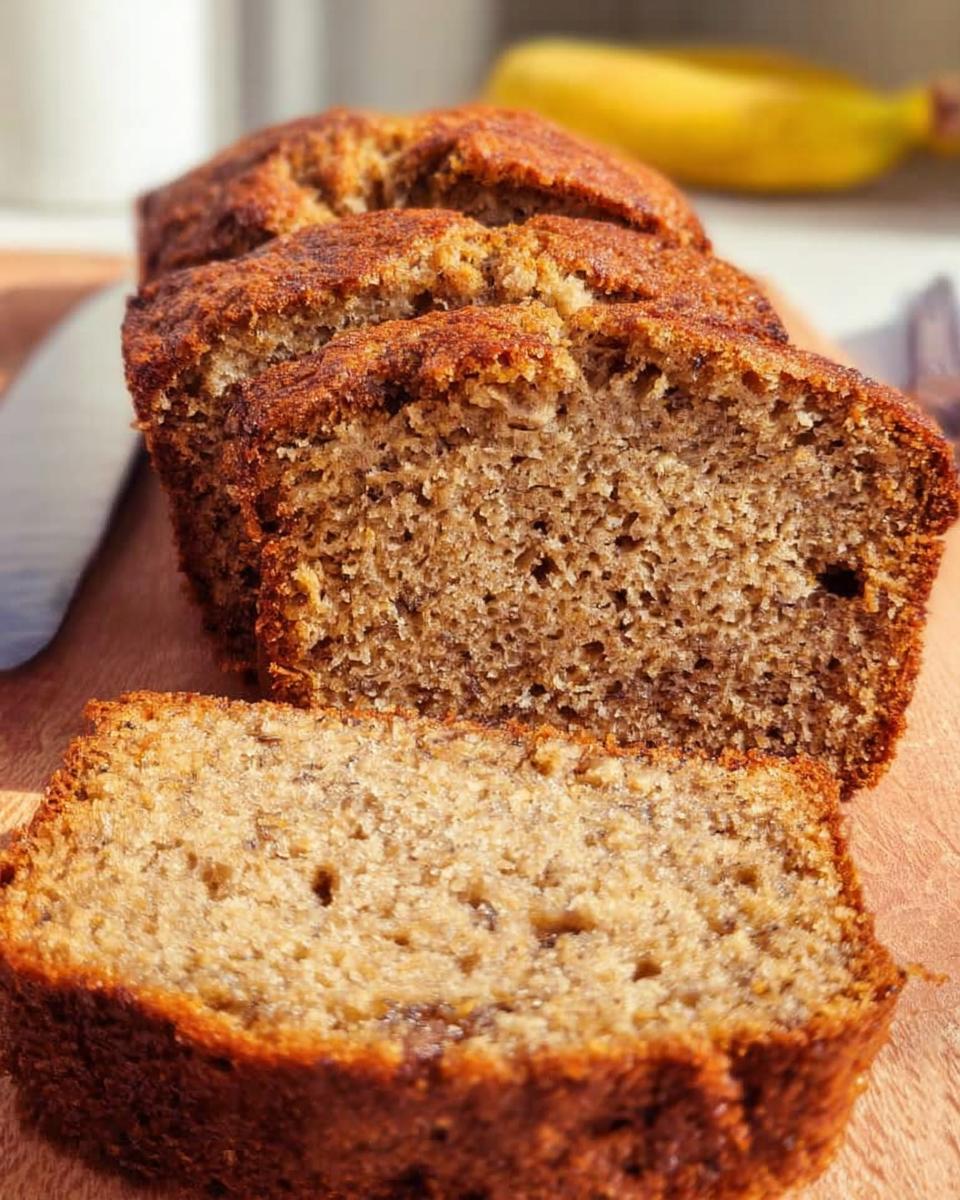 Close-up of thick slices of moist One Bowl Banana Bread with a golden-brown crust.