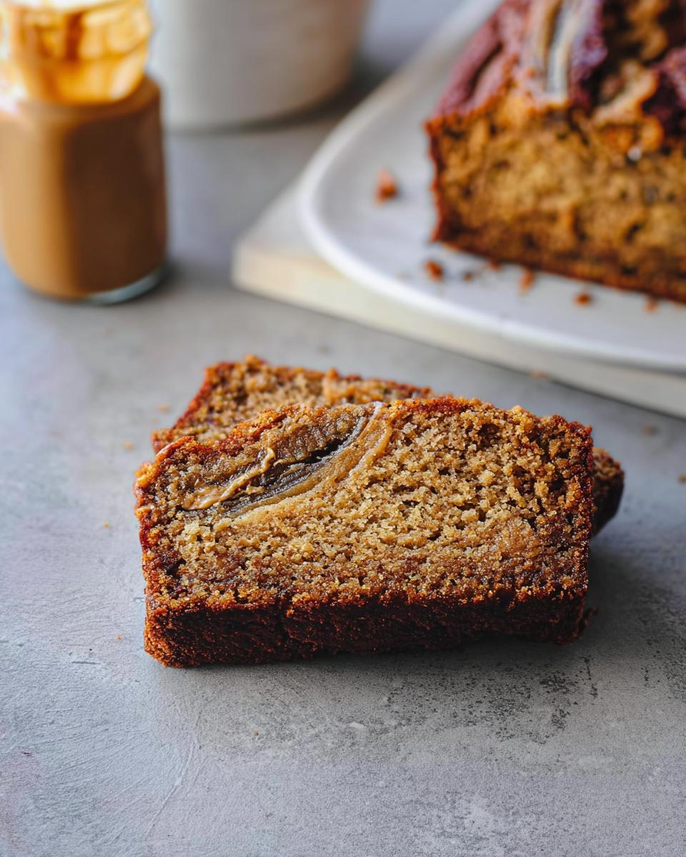 Two slices of moist Peanut Butter Banana Bread showing a visible swirl of peanut butter and banana baked inside.