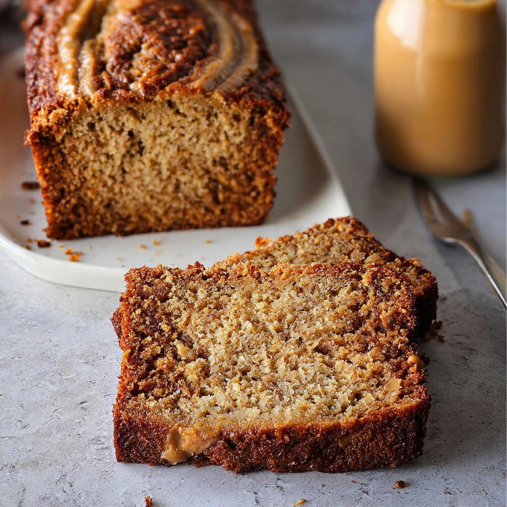 Two thick slices of moist Peanut Butter Banana Bread in the foreground with the rest of the loaf behind it.