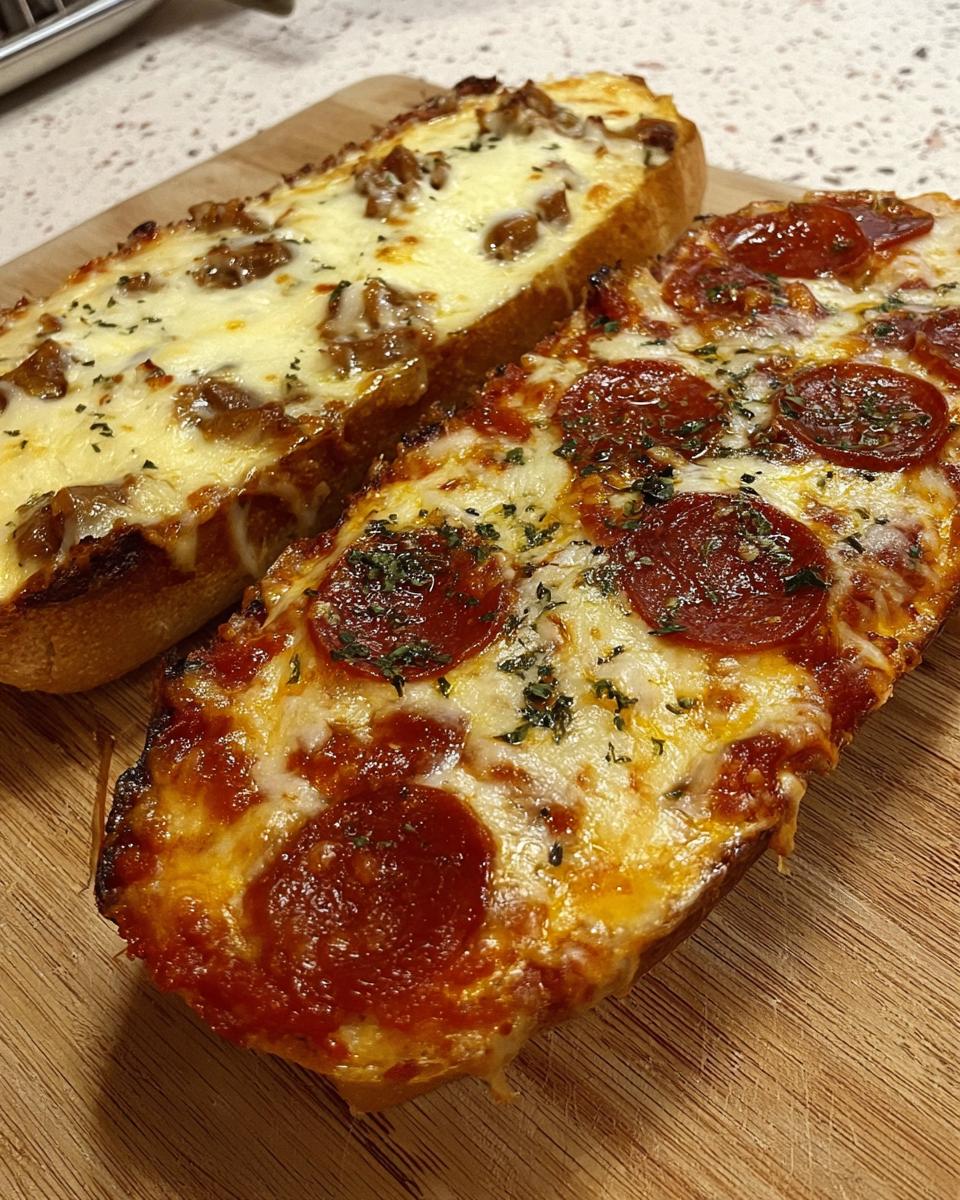Close-up of a Monster French Bread Pizza topped with melted cheese, pepperoni slices, and herbs.