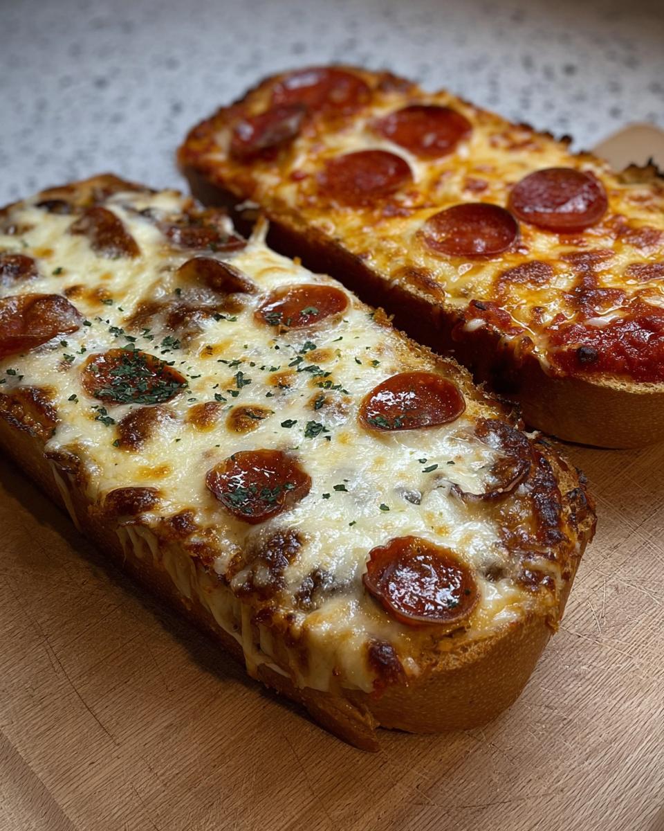Close-up of two Monster French Bread Pizzas topped with melted cheese and pepperoni slices.