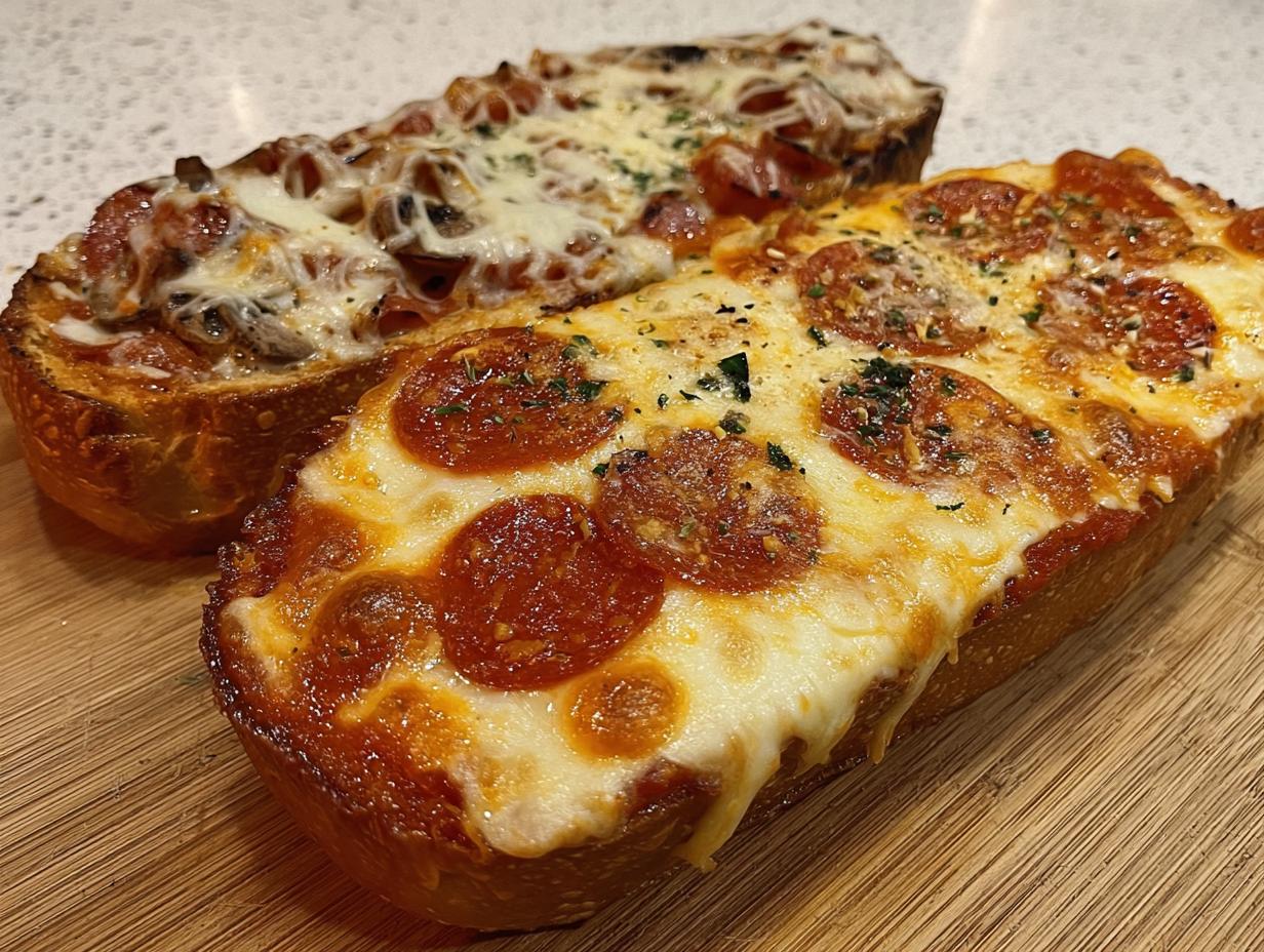 Two halves of Monster French Bread Pizza topped with melted cheese and pepperoni, one with visible mushrooms.