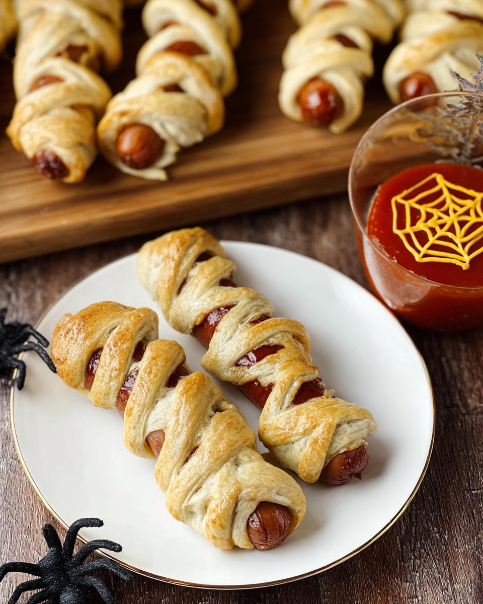 Two mummy dogs made with hot dogs wrapped in pastry, served on a white plate with a glass of ketchup decorated with a mustard spiderweb.