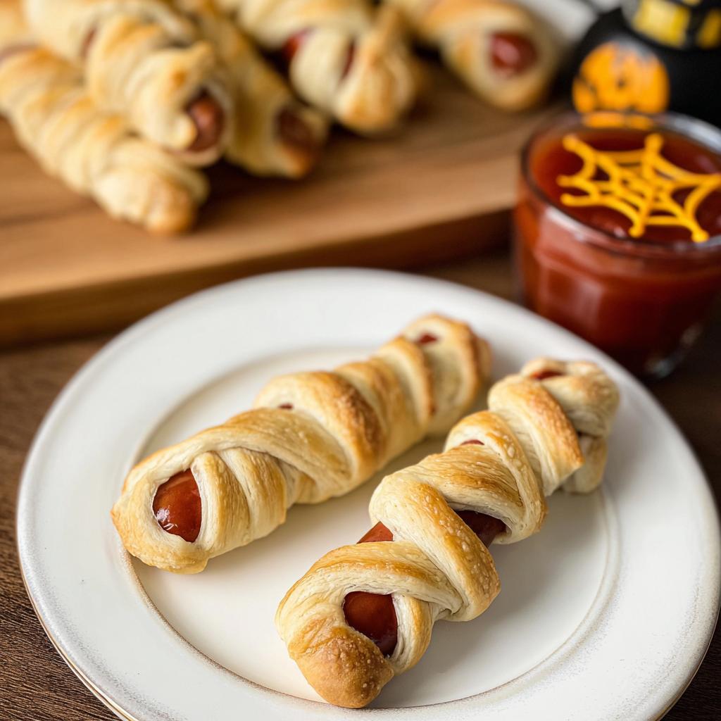 Two mummy dogs on a white plate, with a glass of ketchup and spider web decoration in the background.