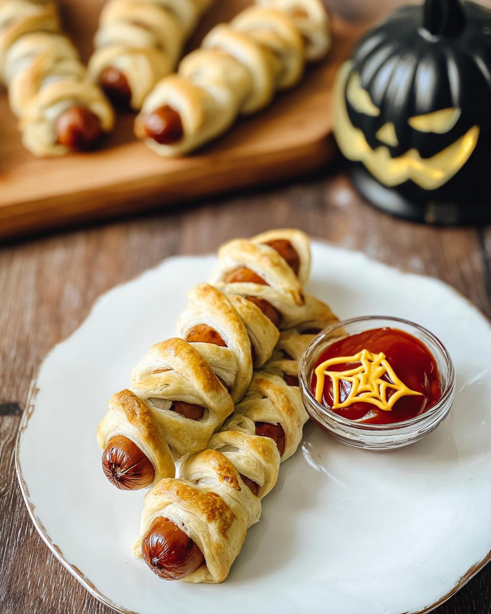 Close-up of mummy dogs made from sausages wrapped in pastry, served with ketchup and mustard spiderweb.