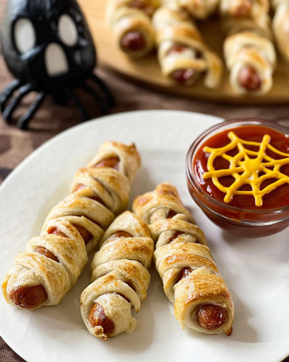 Three mummy dogs made with sausages wrapped in pastry, served with ketchup decorated with a mustard spiderweb.