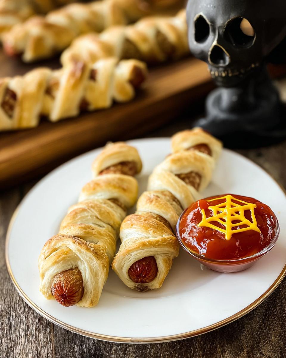 Close-up of Mummy Dogs, hot dogs wrapped in pastry, served with ketchup decorated with a mustard spiderweb.