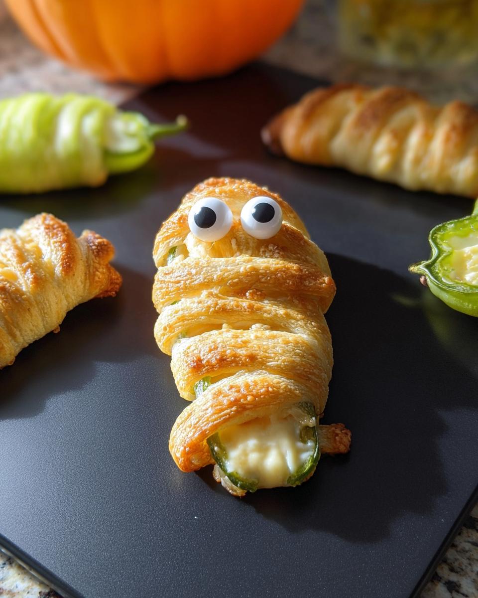A close-up of a Mummy Jalapeño Popper (2025) wrapped in golden pastry with googly eyes, showcasing melted cheese oozing out.
