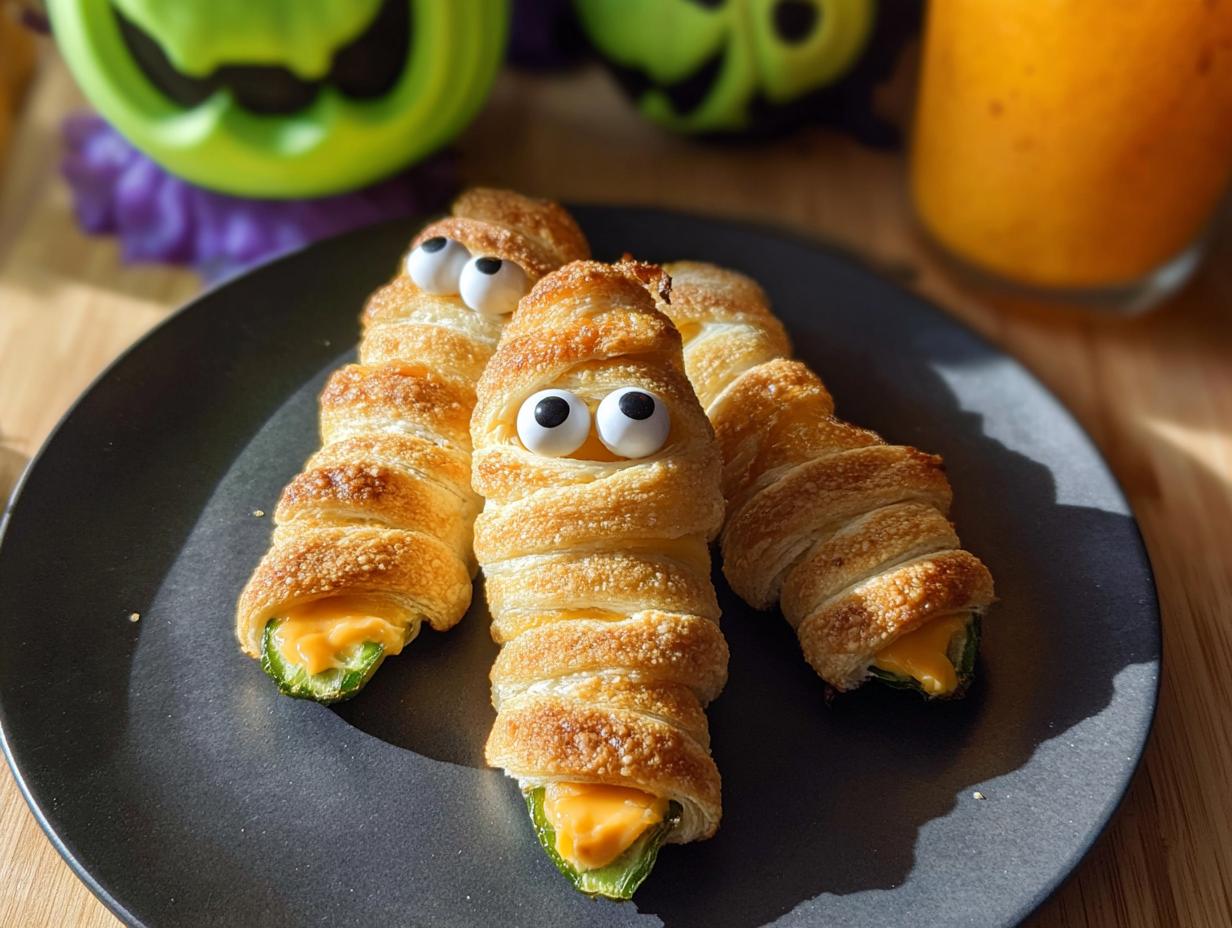 Three Mummy Jalapeño Poppers (2025) with candy eyes, wrapped in golden puff pastry and filled with melted cheese, on a dark plate.