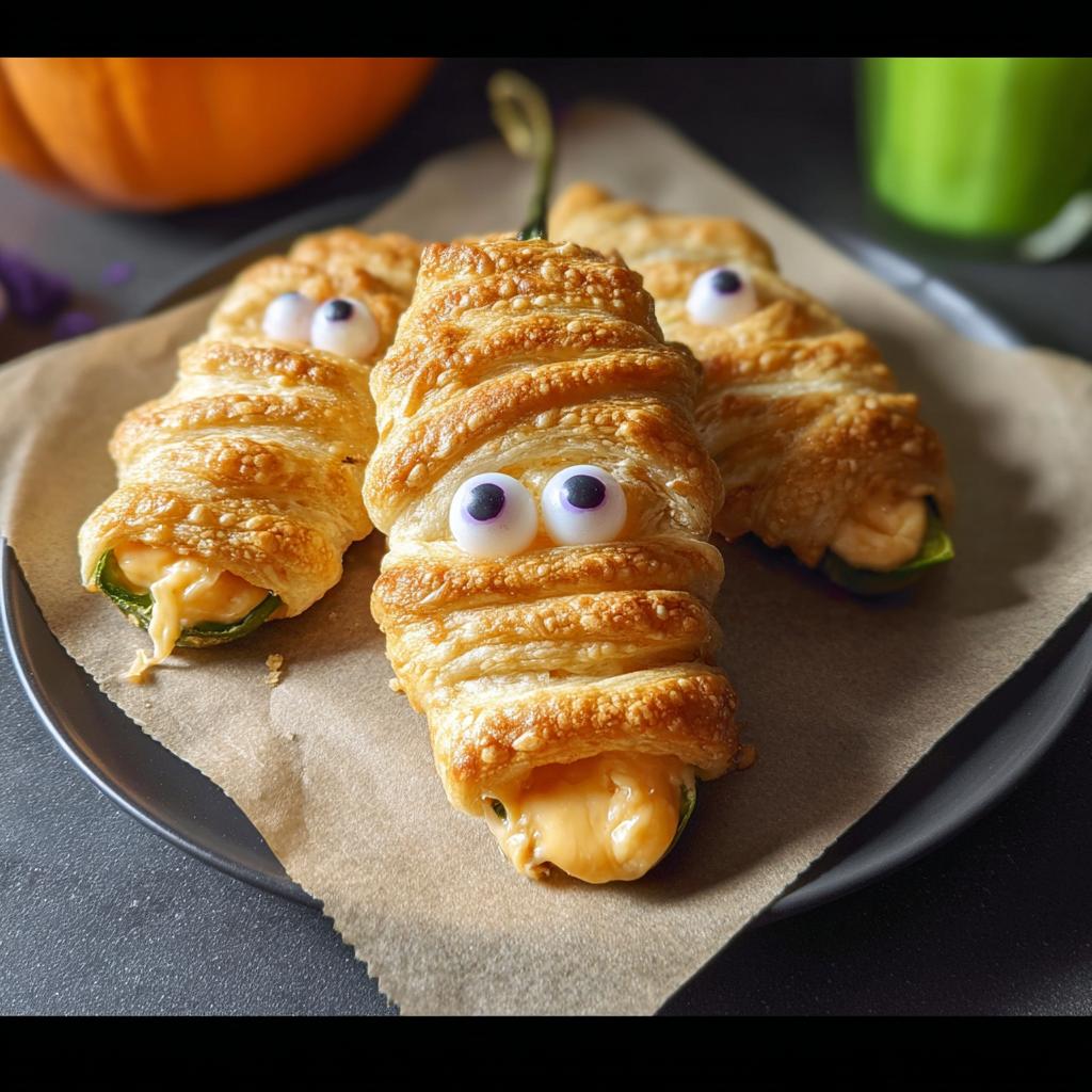 Three golden-brown Mummy Jalapeño Poppers (2025) with melted cheese oozing out, decorated with candy eyes.