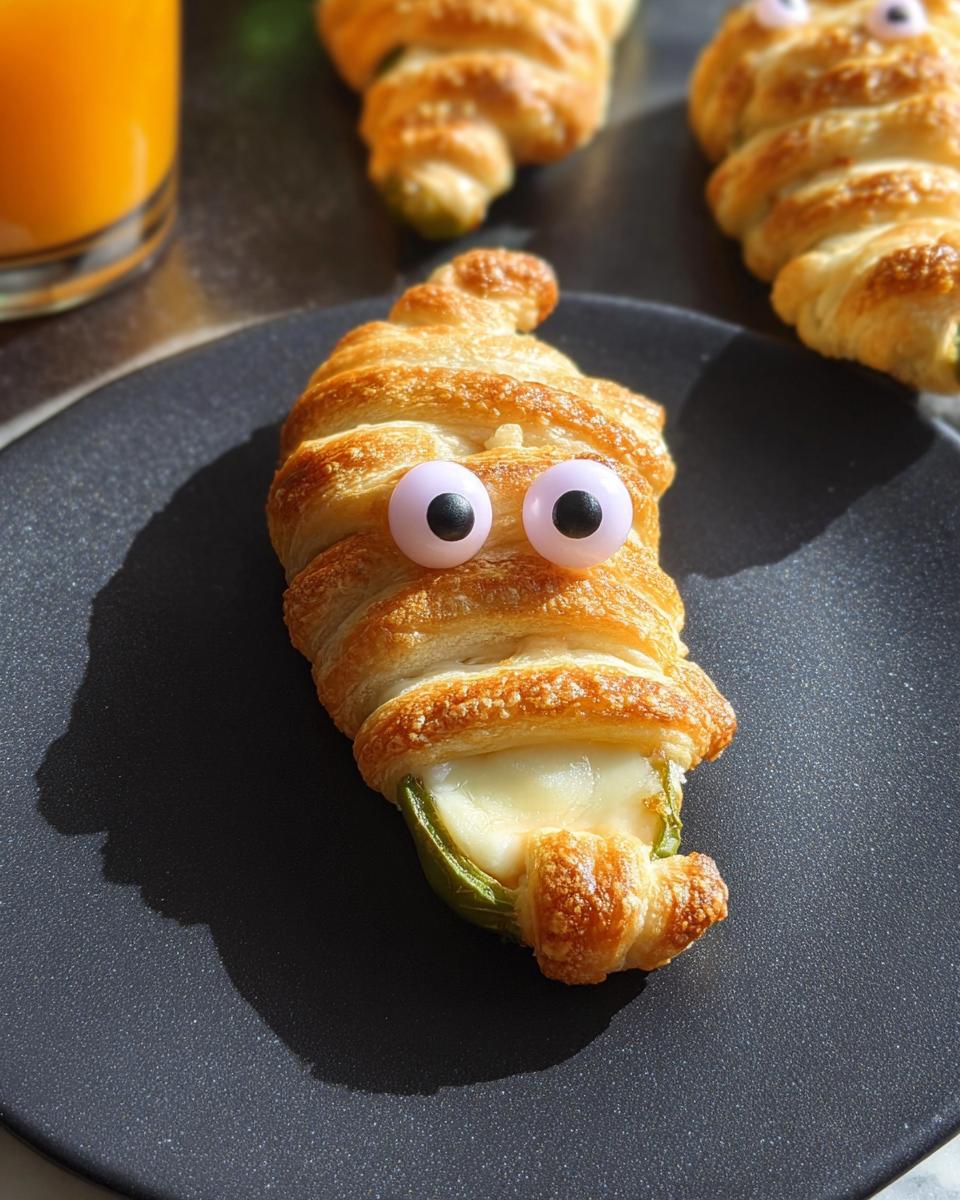 A close-up of a Mummy Jalapeño Popper (2025) on a dark plate, with melted cheese oozing out.