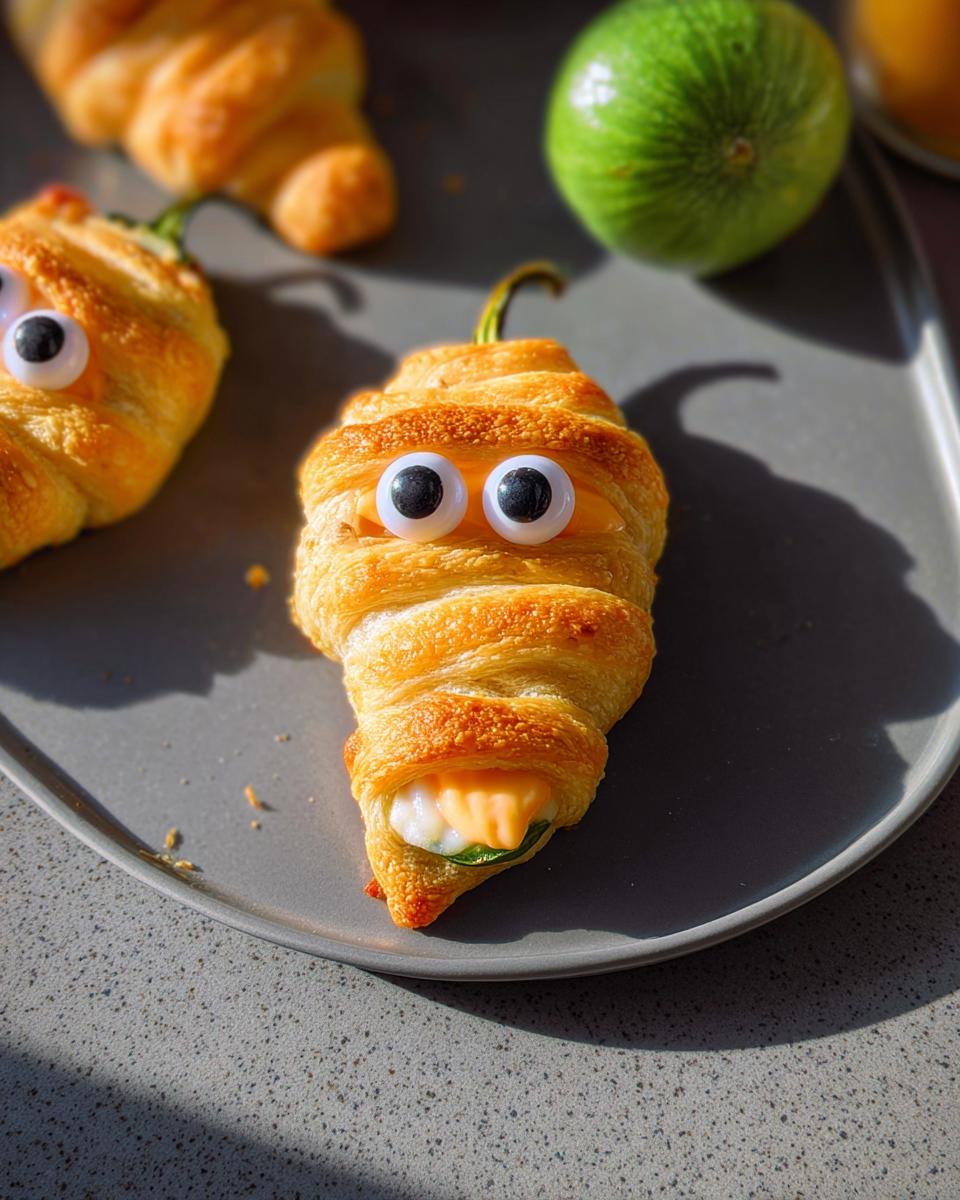 Close-up of a Mummy Jalapeño Popper made with crescent dough, googly eyes, and a cheesy filling.