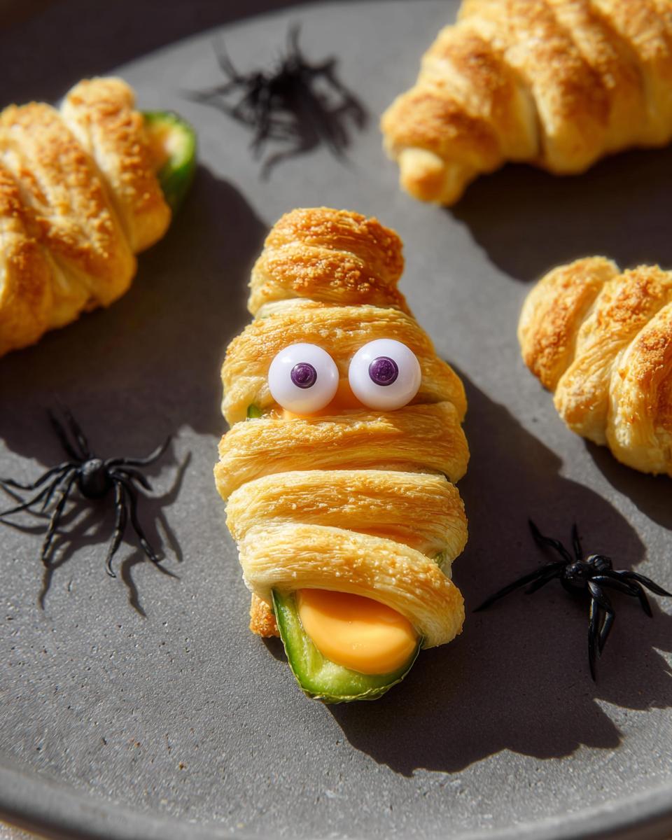 A Mummy Jalapeño Popper wrapped in pastry dough with candy eyes and a cheese tongue, surrounded by croissants and plastic spiders.