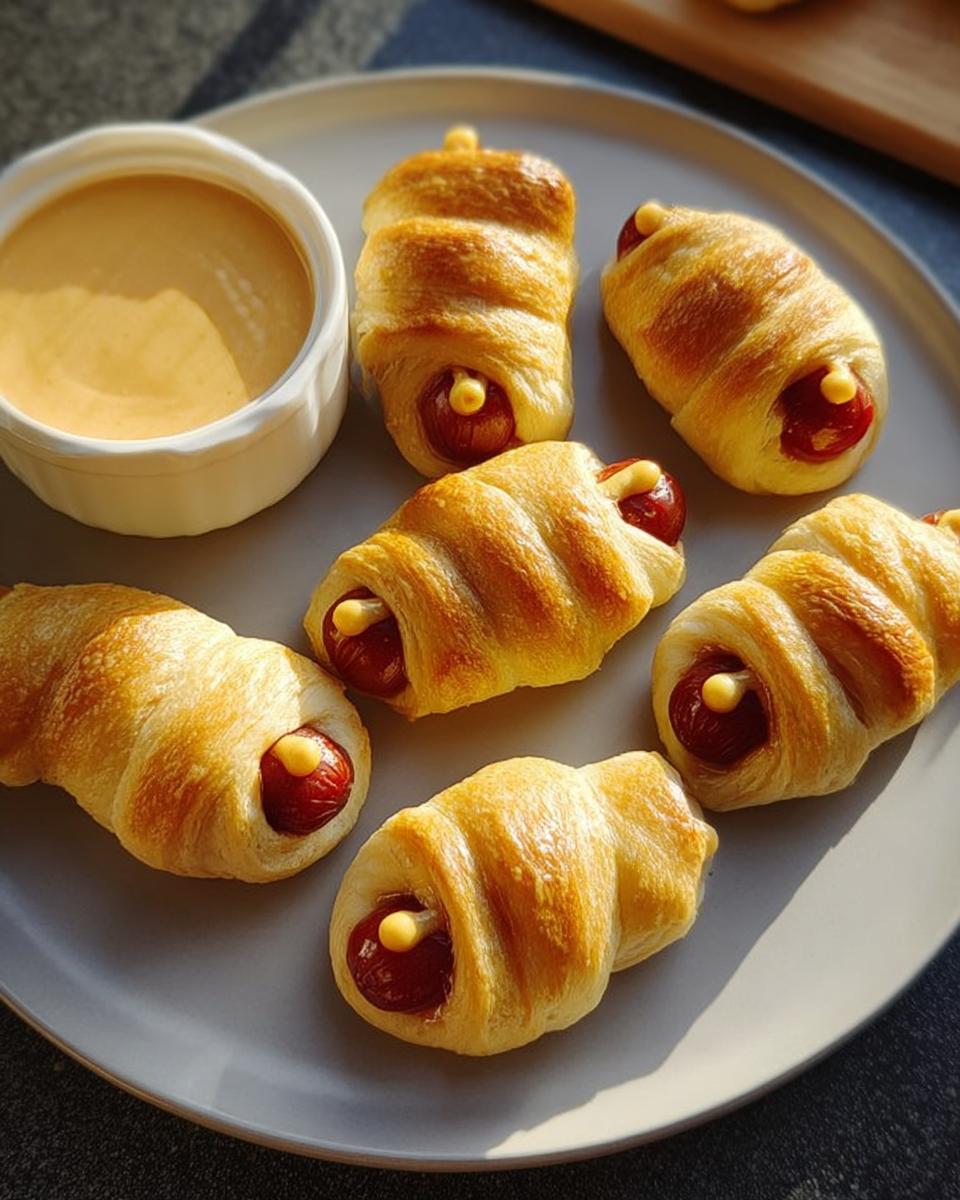 Golden brown Mummy Pigs in a Blanket (2025) arranged on a plate with a small bowl of dipping sauce.