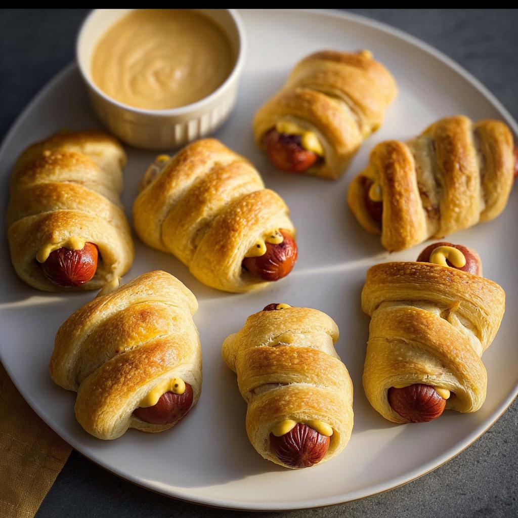 A plate of golden-brown Mummy Pigs in a Blanket (2025) with visible hot dogs and mustard, served with a side of dipping sauce.