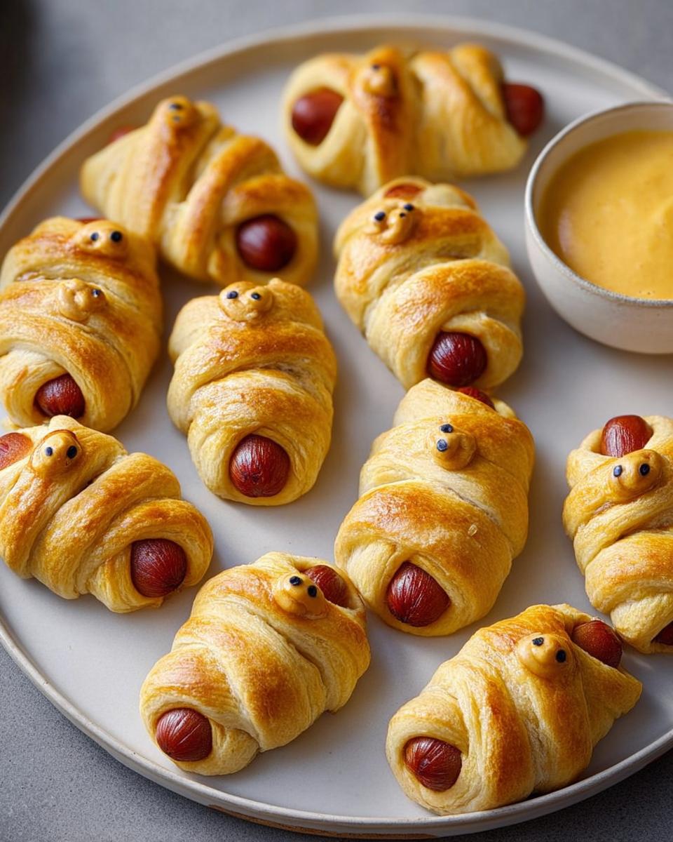 A platter of Mummy Pigs in a Blanket (2025) with golden-brown pastry and candy eyes, served with a bowl of cheese dip.
