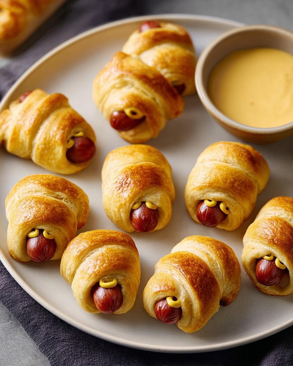 A plate of golden-brown Mummy Pigs in a Blanket (2025) with visible hot dogs and mustard dots for eyes, served with a side of cheese dip.