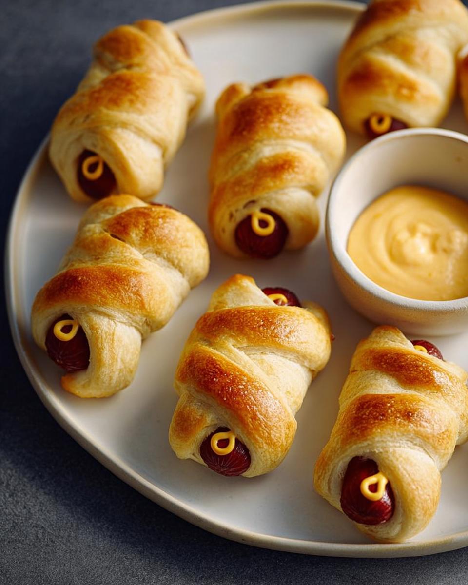 Close-up of golden brown Mummy Pigs in a Blanket (2025) on a white plate with a small bowl of cheese dip.
