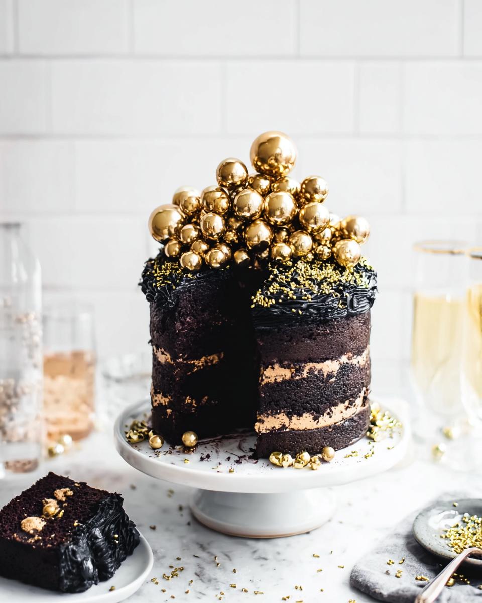 A rich, dark chocolate layer cake topped with gold edible spheres, perfect for New Year’s Eve Cakes That Wow.