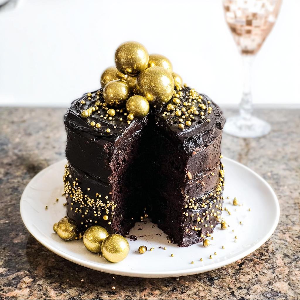 A rich, dark chocolate cake decorated with gold sprinkles and large gold spheres, perfect for New Year’s Eve Cakes.