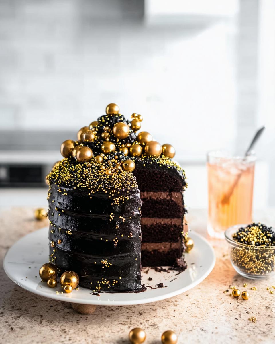 A slice cut from a tall, dark chocolate New Year’s Eve Cake decorated lavishly with gold sprinkles and large gold spheres.