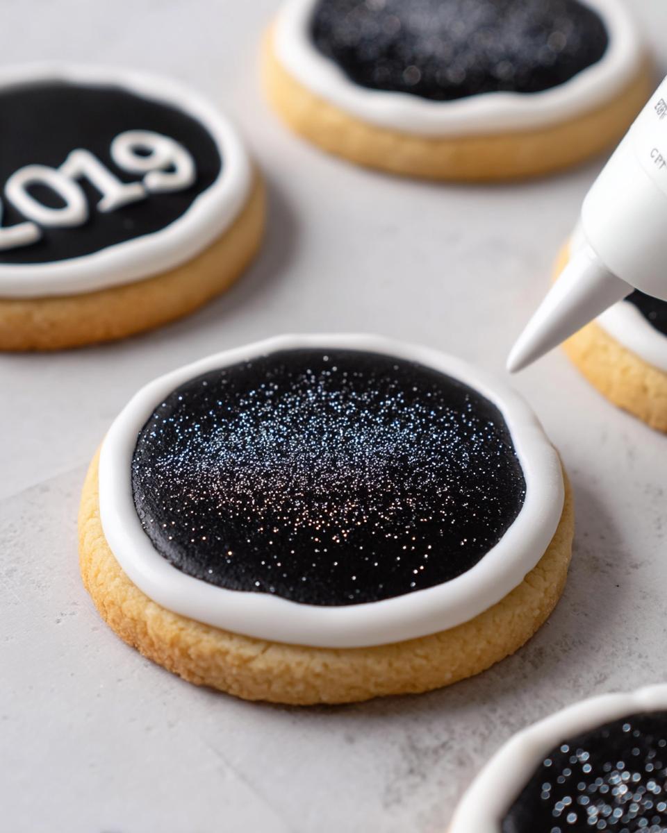 Close-up of a sugar cookie being decorated with black royal icing and edible glitter for New Year’s Eve Cookies.