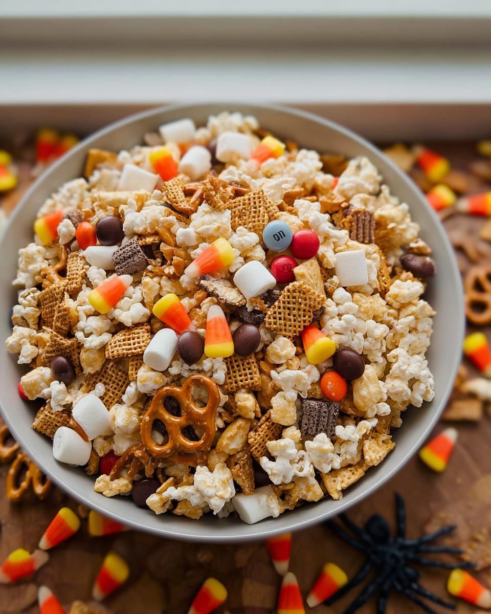 A full bowl of No-Bake Monster Munch Mix with popcorn, pretzels, candy corn, marshmallows, and M&Ms.