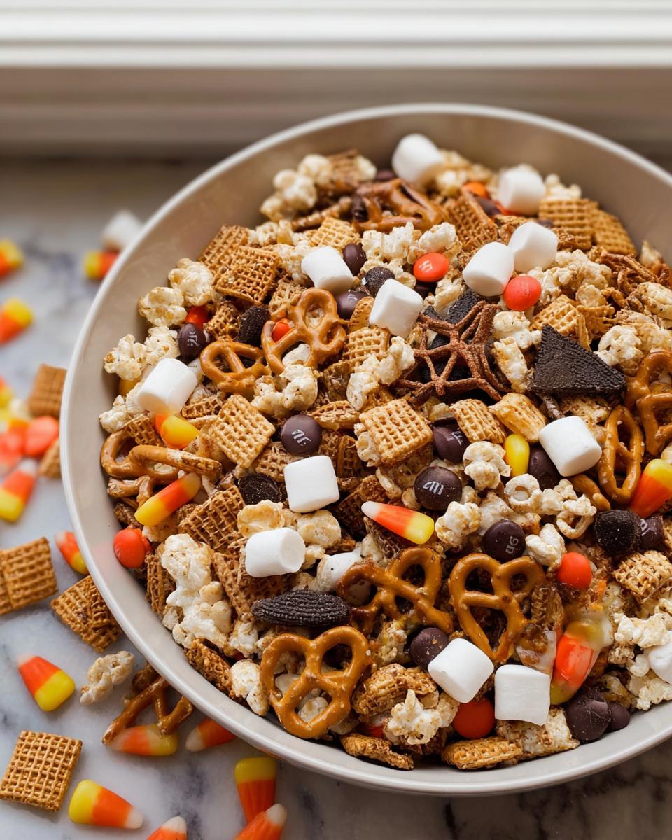 A close-up of a bowl filled with No-Bake Monster Munch Mix, featuring pretzels, popcorn, marshmallows, and candy corn.