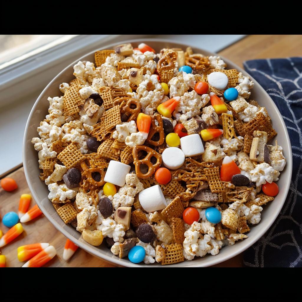 A festive bowl filled with No-Bake Monster Munch Mix, featuring popcorn, pretzels, cereal, marshmallows, and candy corn.