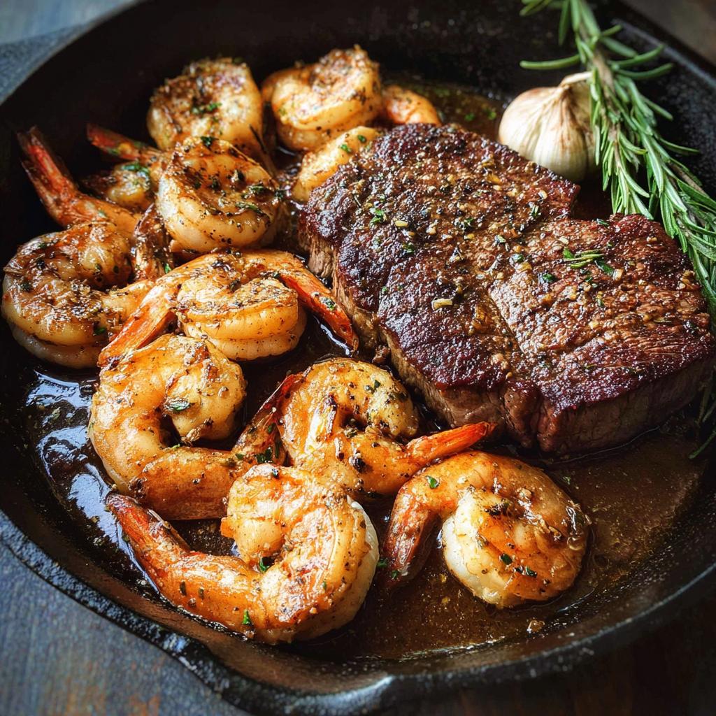 Close-up of perfectly seared steak and butter-garlic shrimp, the NYE Surf and Turf, in a cast-iron skillet with rosemary and garlic.