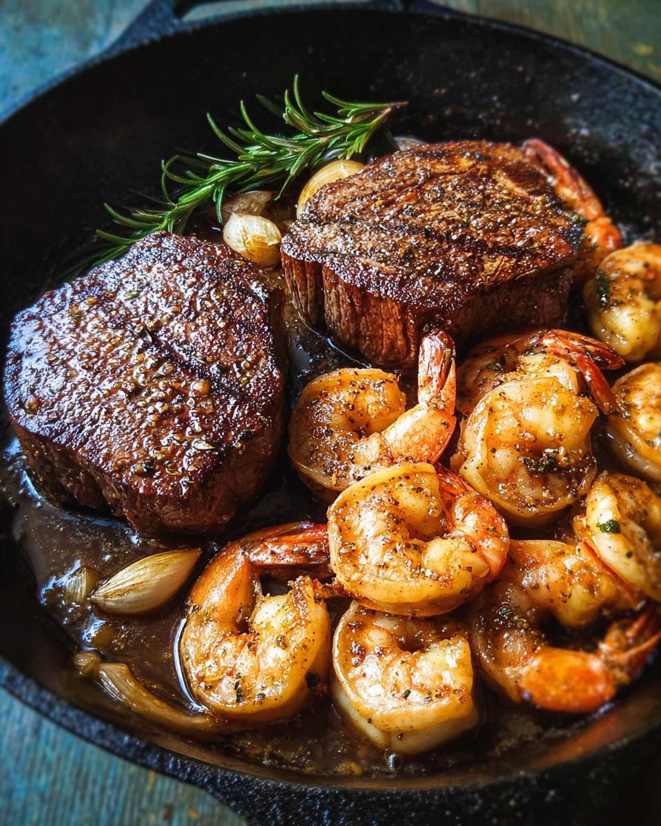Two seared filet mignon steaks and seasoned shrimp cooking in a cast iron skillet for NYE Surf and Turf.