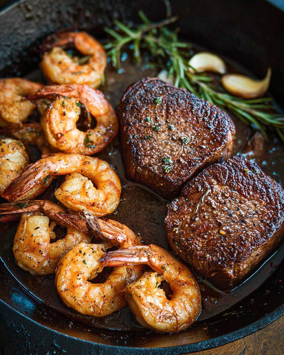 Close-up of seared steak and seasoned shrimp cooking together in a cast iron skillet for NYE Surf and Turf.