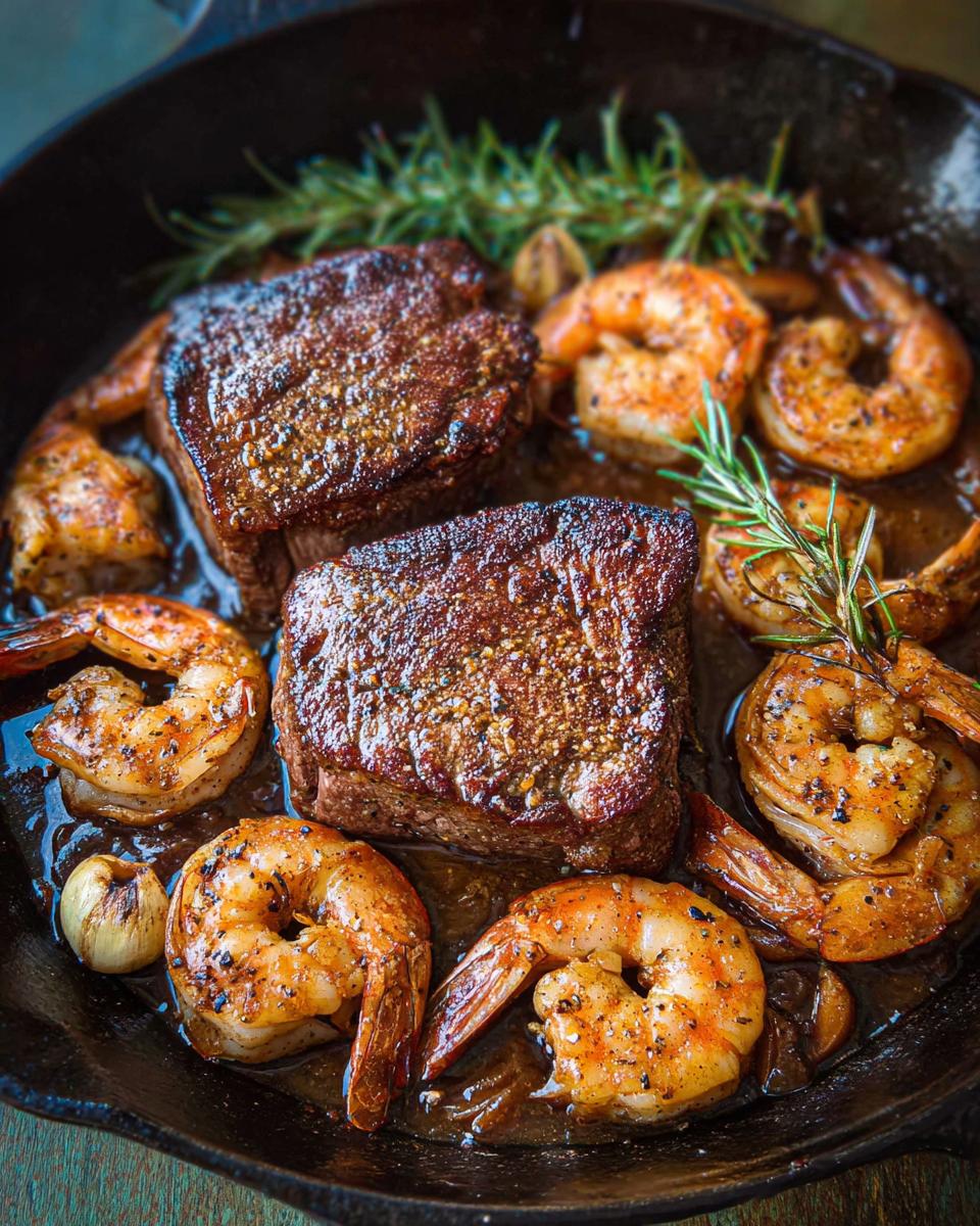 Two perfectly seared filet mignon steaks surrounded by seasoned shrimp in a cast-iron skillet, part of the NYE Surf and Turf recipe.
