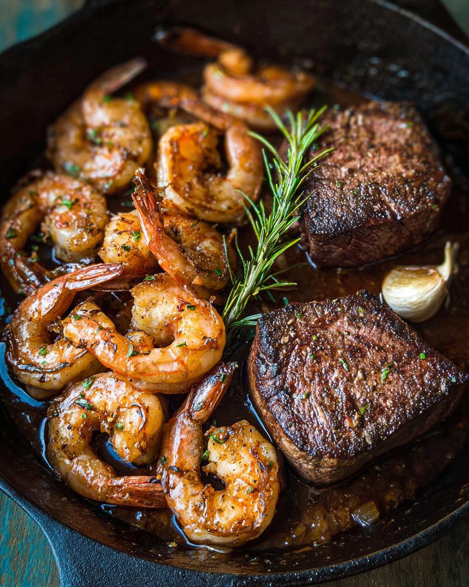 Two seared filet mignon steaks served with seasoned shrimp in a cast iron skillet, garnished with rosemary for NYE Surf and Turf.