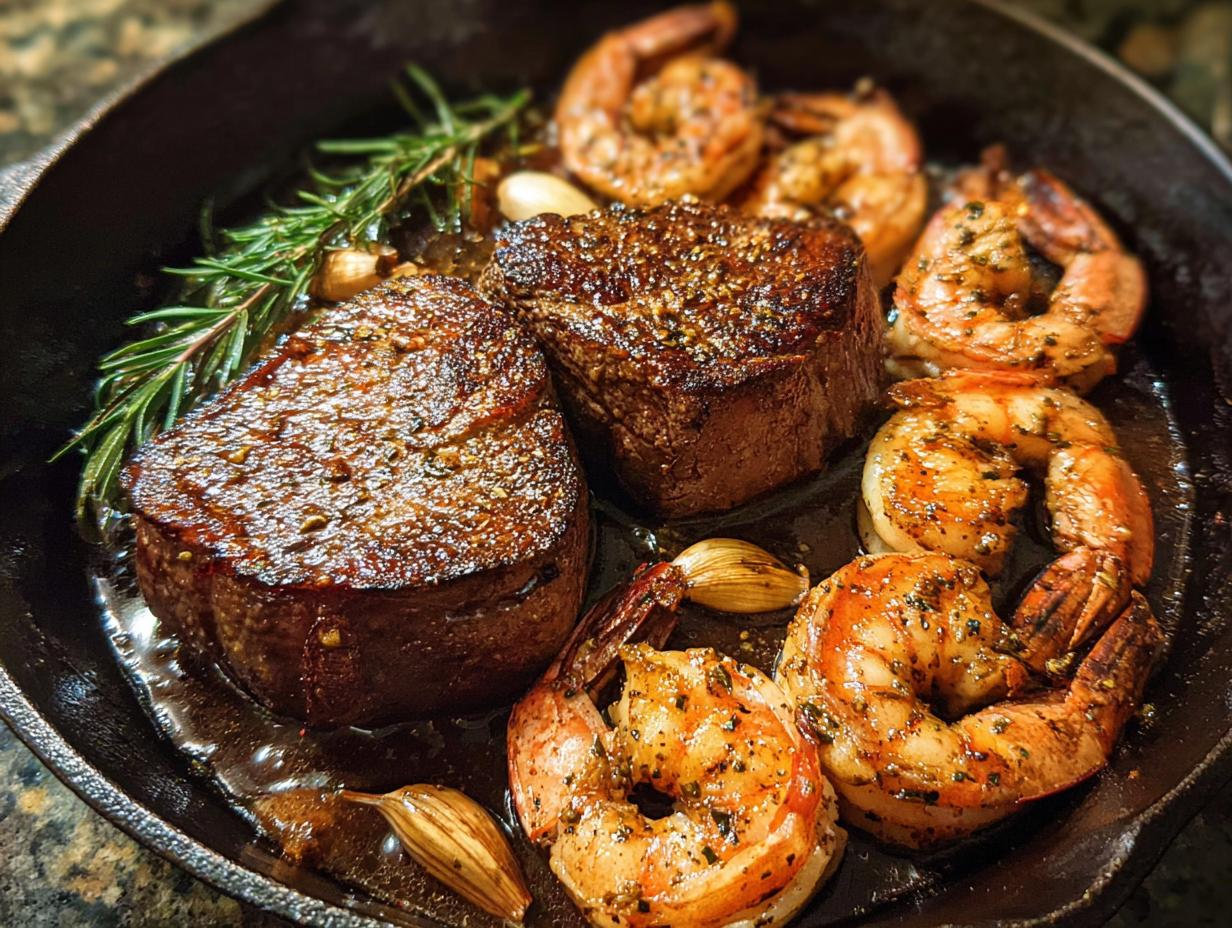 Two perfectly seared filet mignon steaks alongside seasoned shrimp in a cast iron skillet, ready for NYE Surf and Turf.
