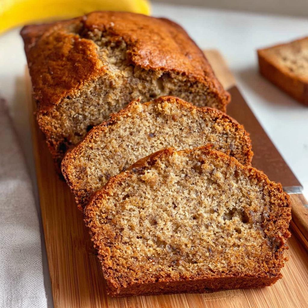 Close-up of a freshly baked One Bowl Banana Bread loaf, partially sliced on a wooden board.