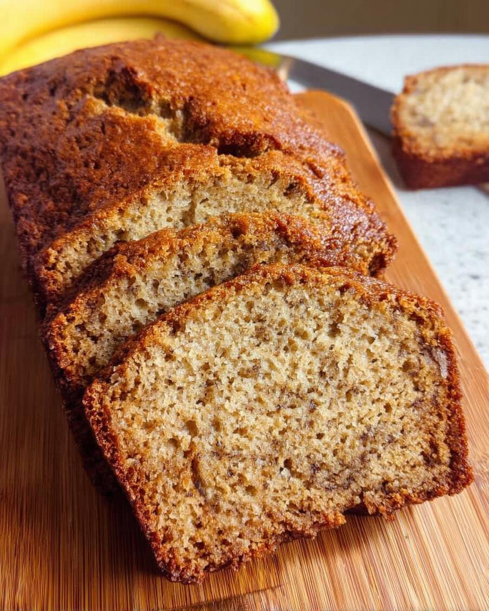 Close-up of moist, sliced One Bowl Banana Bread resting on a wooden cutting board with bananas visible in the background.