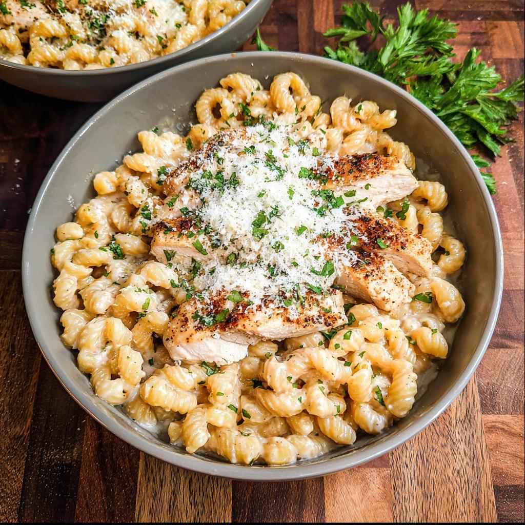 A close-up of One Pan Creamy Garlic Parmesan Chicken Pasta topped with sliced chicken, grated parmesan, and parsley.