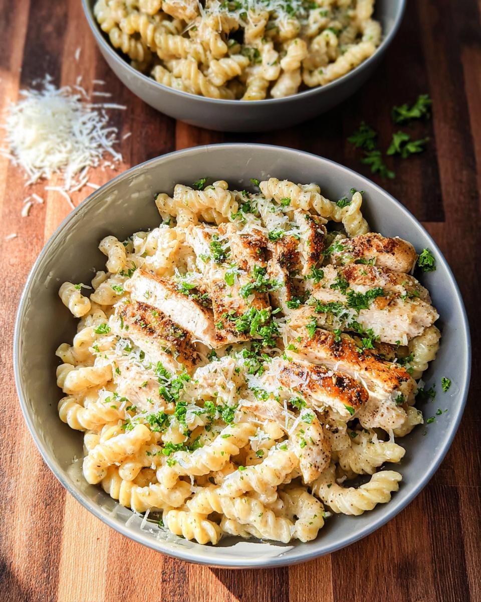 A bowl of One Pan Creamy Garlic Parmesan Chicken Pasta topped with sliced chicken and fresh parsley.