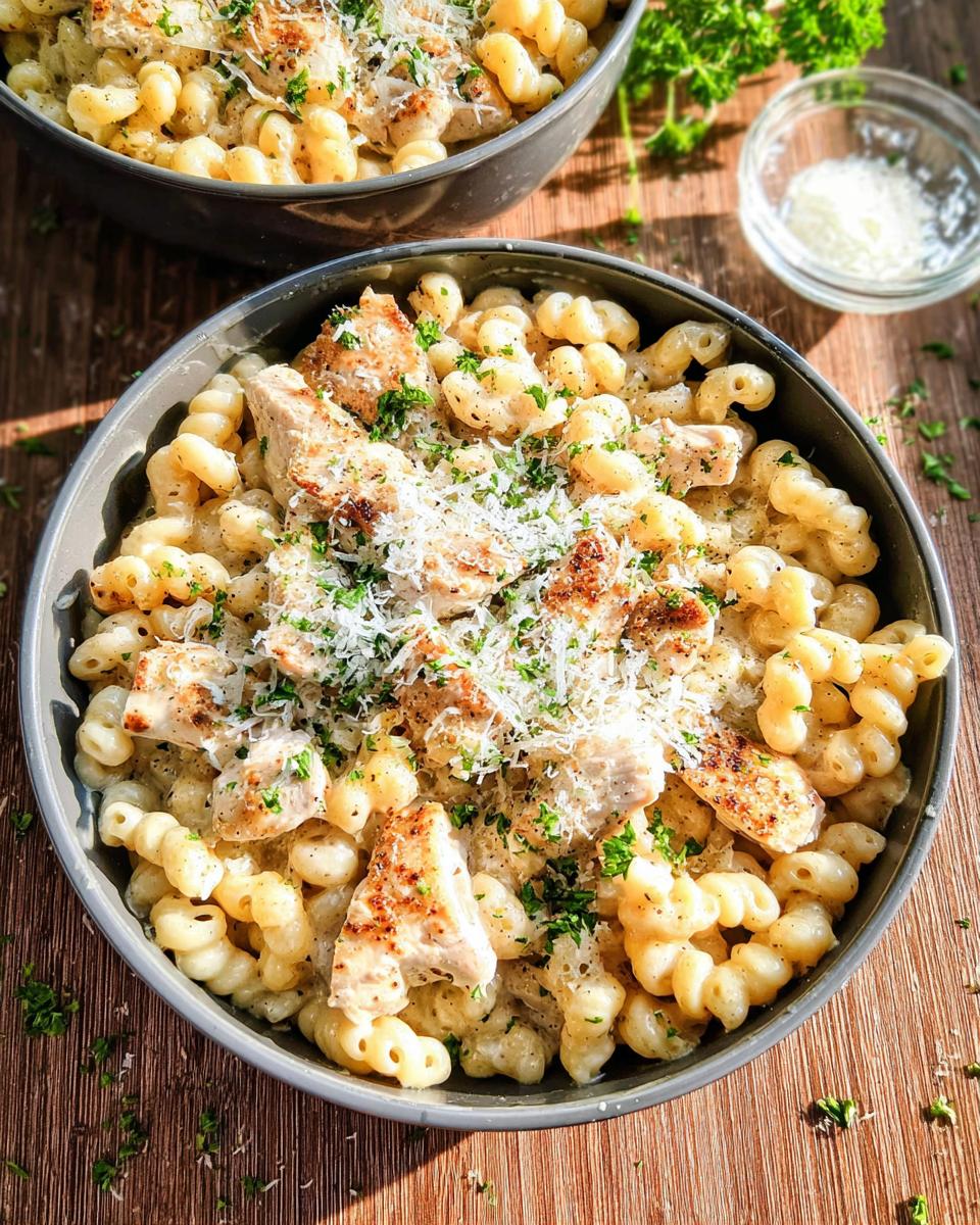 Close-up of One Pan Creamy Garlic Parmesan Chicken Pasta topped with grated cheese and parsley.