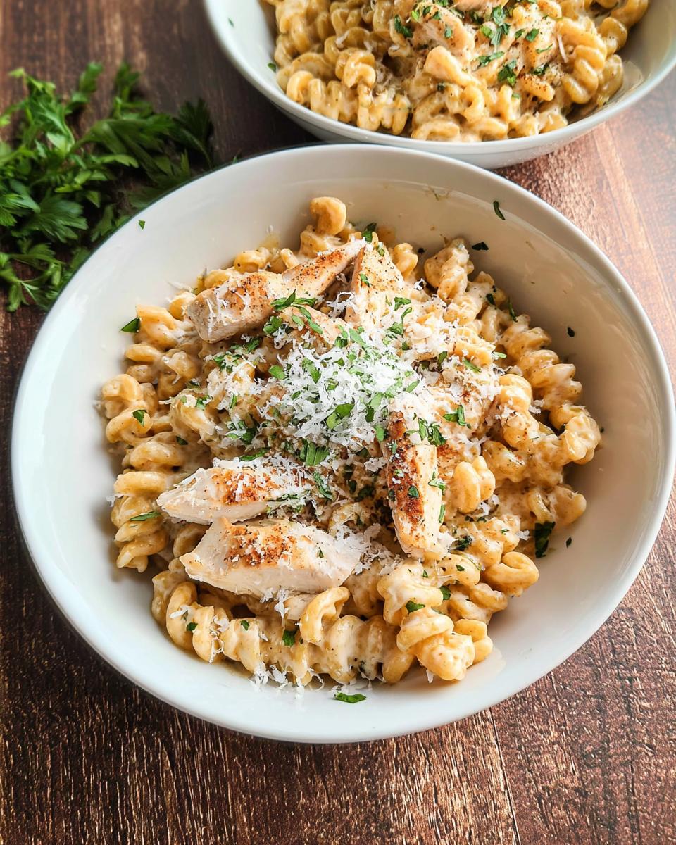 A close-up of One Pan Creamy Garlic Parmesan Chicken Pasta topped with sliced chicken, grated cheese, and parsley.