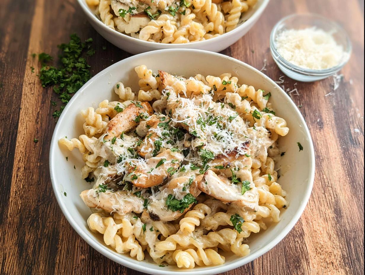 A close-up of One Pan Creamy Garlic Parmesan Chicken Pasta topped with grated cheese and parsley.