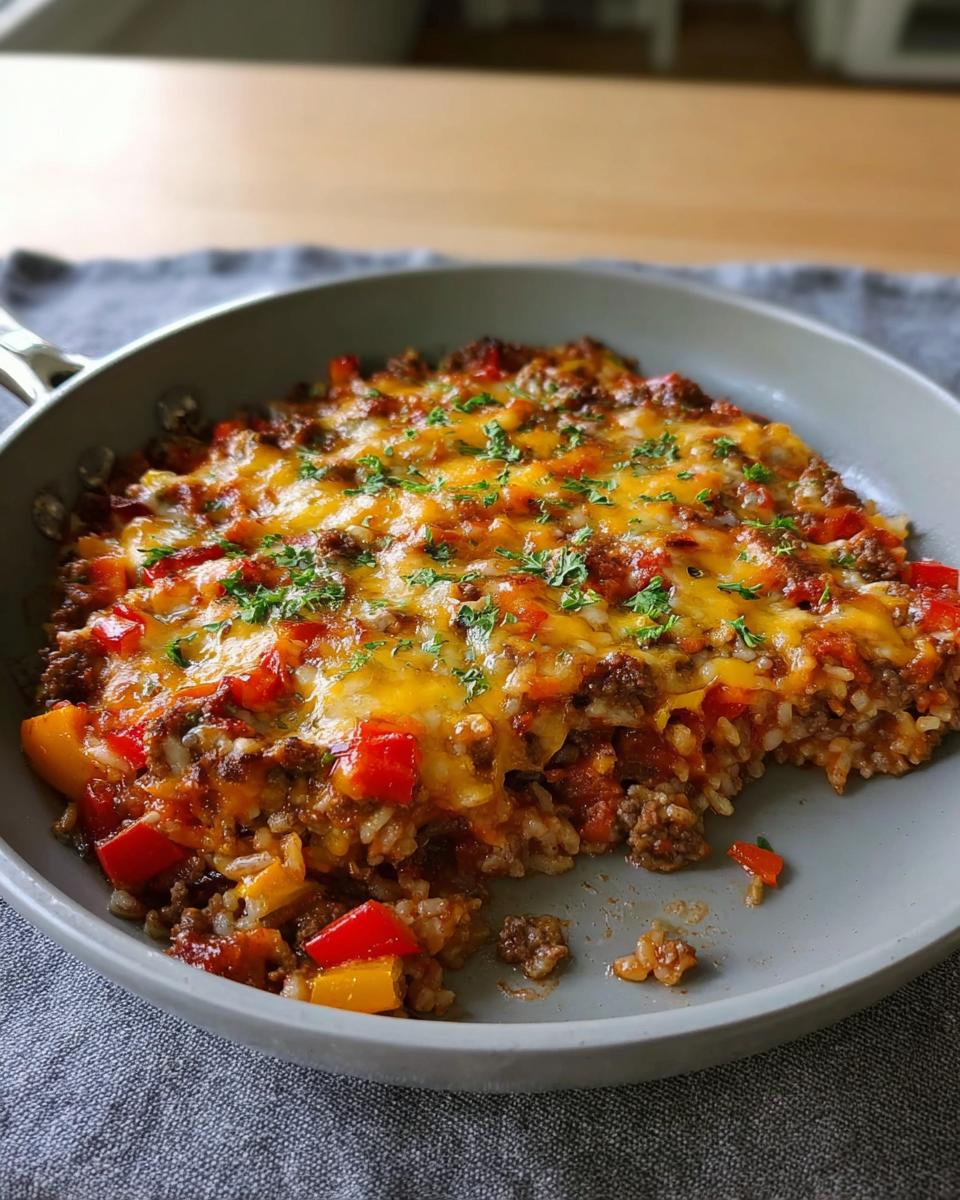 A close-up of the Stuffed Pepper Casserole in a skillet, topped with melted cheese and parsley.