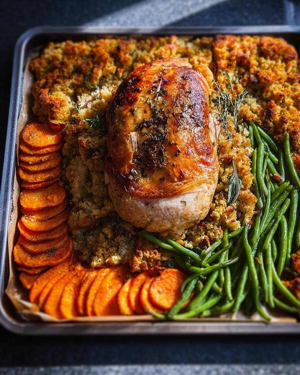 A golden-brown turkey breast sits atop stuffing, surrounded by sliced sweet potatoes and green beans on a single baking sheet for One-Pan Thanksgiving Desserts.